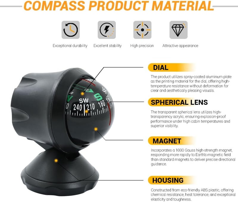 Glomora Marine Boat Compass - Black Electronic Military-Grade Ball Compass for Nighttime Navigation - Image 3